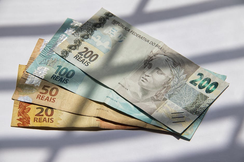 Various Brazilian real banknotes in sunlight, showcasing currency variety.